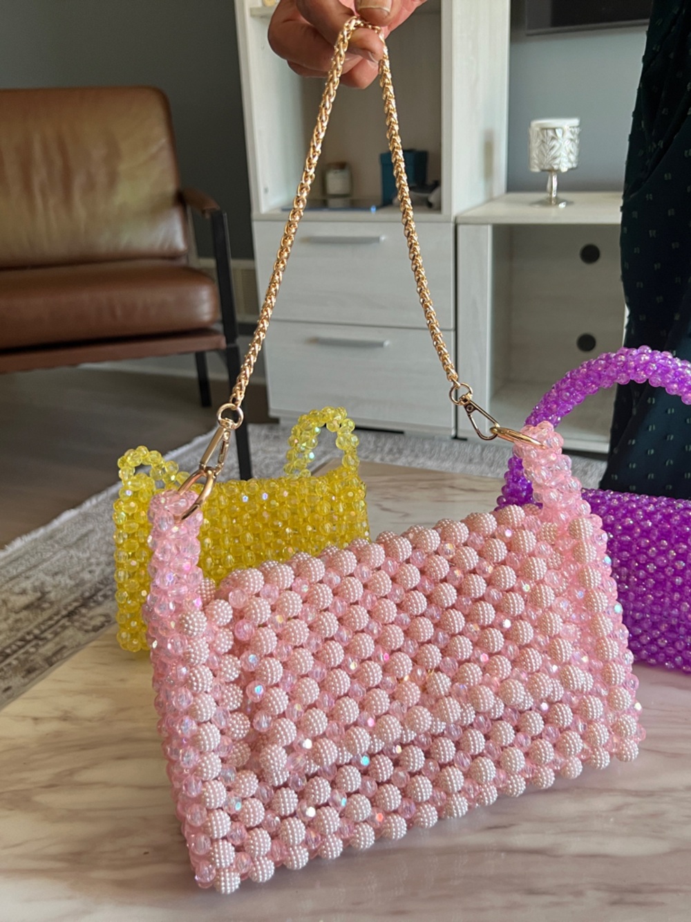 Pink Beaded Chain-Handle Shoulder Bag